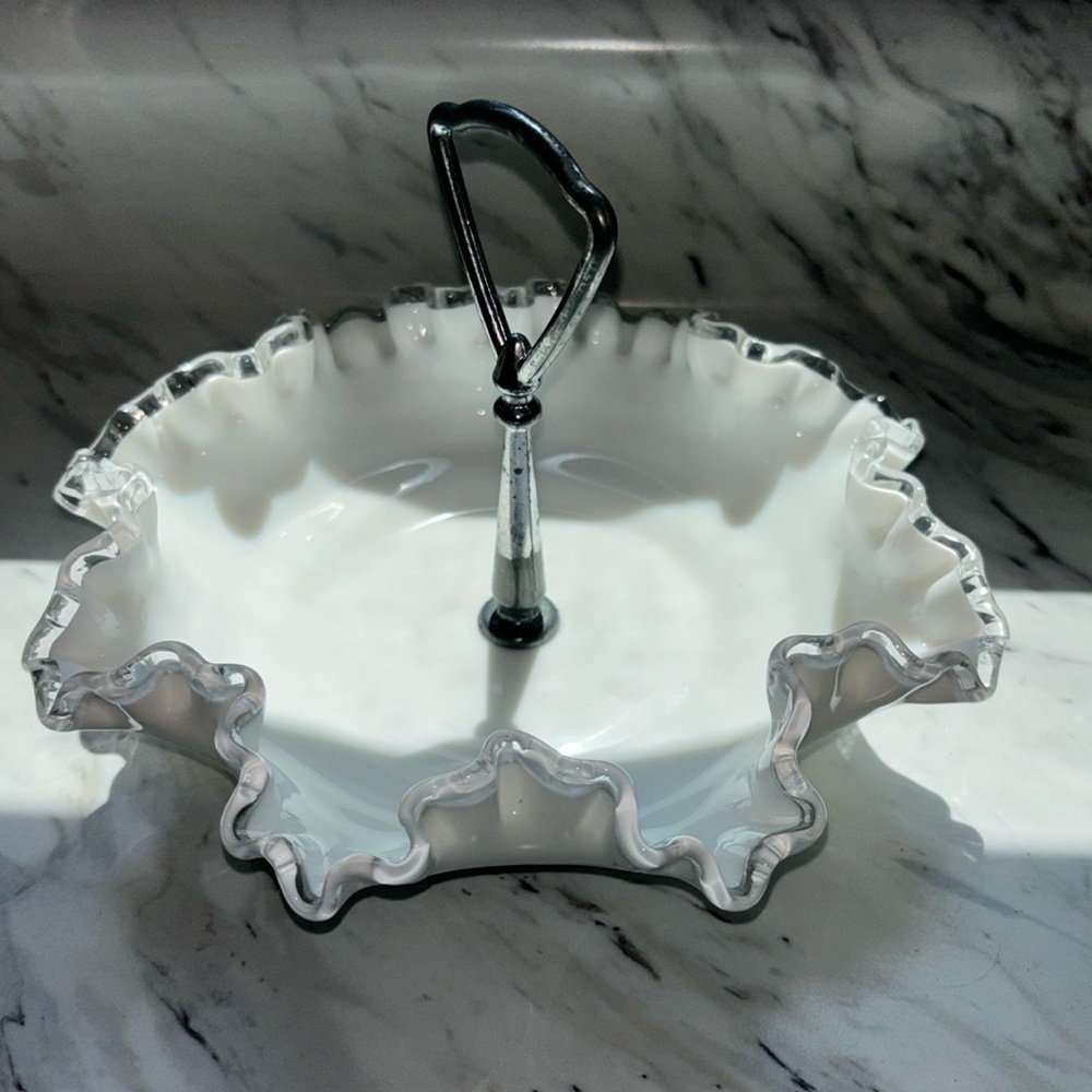 Vintage Fenton silver crest ruffled edge candy dish with silver handle